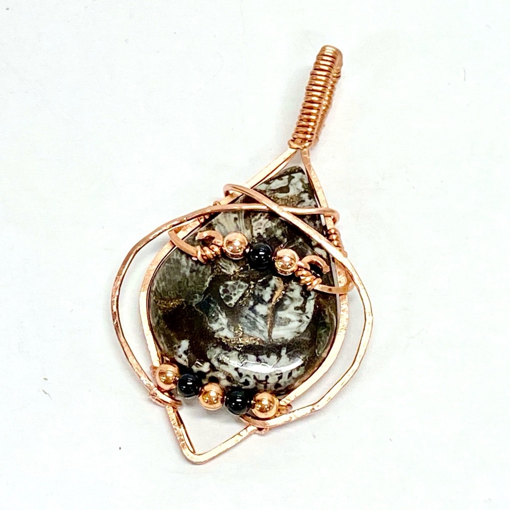 HANDMADE Black Fossil Copper Cabochon  Bare Copper Hand Wrapped Modern  Pendant
